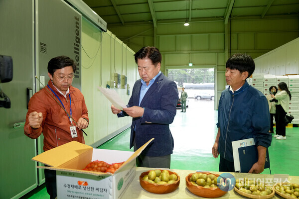 오영훈 지사가 수경재배 씨감자 생산현장을 둘러보고 있다.(사진=제주시) 오영훈 지사가 수경재배 씨감자 생산현장을 둘러보고 있다.(사진=제주시)